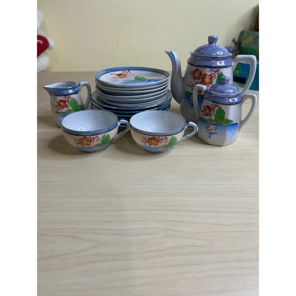 Vintage Miniature Lusterware Tea Set Hand Painted Swan Landscape 17 Piece Set